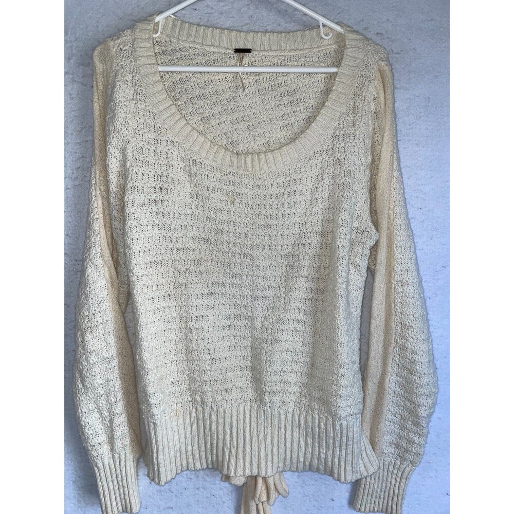 Free People Sweater Waffle Knit sz L Open Back Off White Scoop neck Women's